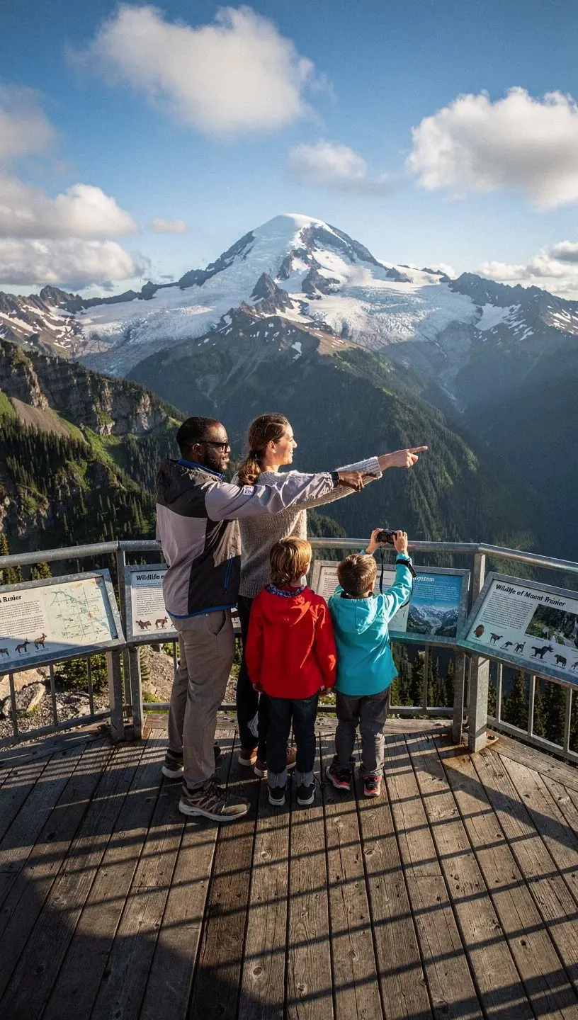 Конструкция временной смотровой площадки среди лесистых холмов с информационными табличками для туристов.