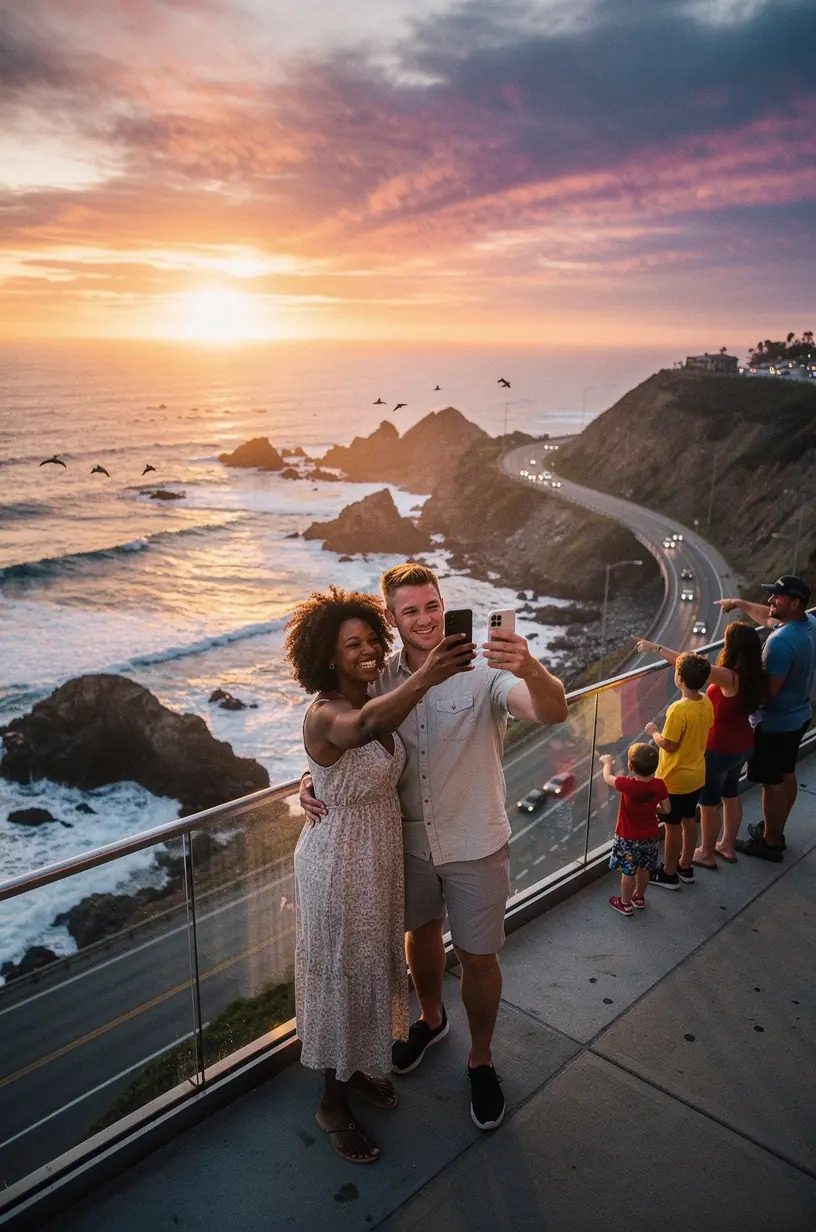 Интерьер временной обзорной площадки с безопасными перилами и обзорными биноклями для детального осмотра ландшафта.